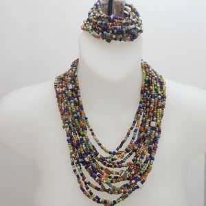 Multi-Strand Multi-Color Seed Bead & Shell Necklace Bracelet Set, Wooden Buckle